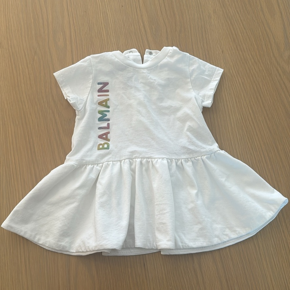 Balmain Kids White Flared Tee with Multicolor Logo